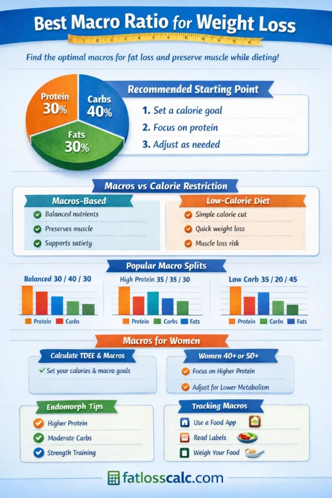 Best macro ratio for weight loss infographic showing recommended 30 protein 40 carbs 30 fats macro split, macros vs calories comparison, and tips for women and endomorph body types