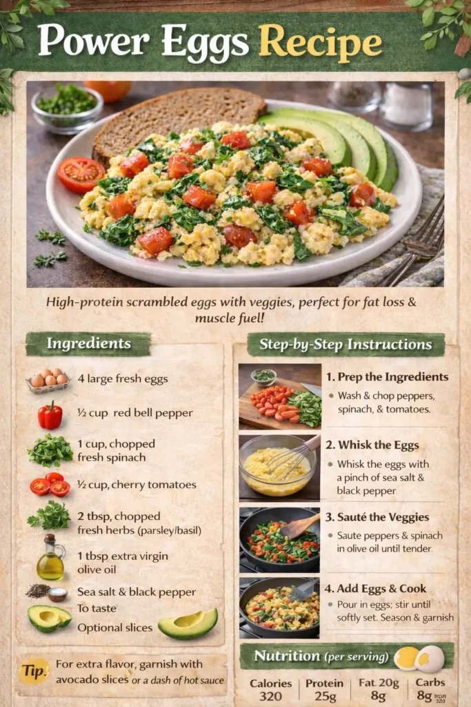 Printable Power Eggs Recipe Card with ingredients, step-by-step instructions, and nutrition facts for a high-protein breakfast