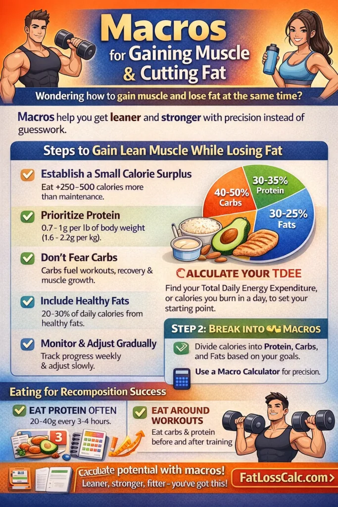 Infographic showing macros for muscle gain and fat loss including calorie surplus, protein, carbs, and fats