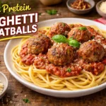 High protein spaghetti and meatballs with marinara sauce