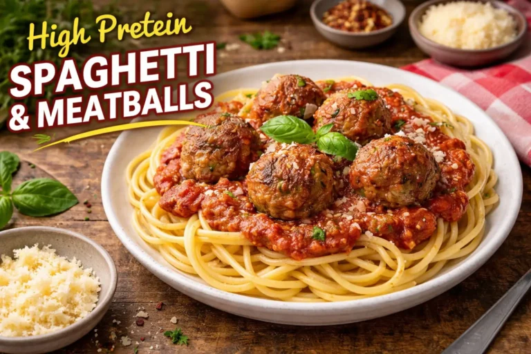 High protein spaghetti and meatballs with marinara sauce