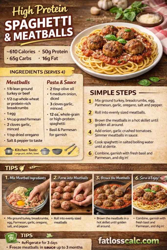 Printable high protein spaghetti and meatballs recipe infographic showing ingredients, step-by-step cooking instructions, nutrition per serving, and serving tips with whole-grain pasta and homemade marinara sauce.