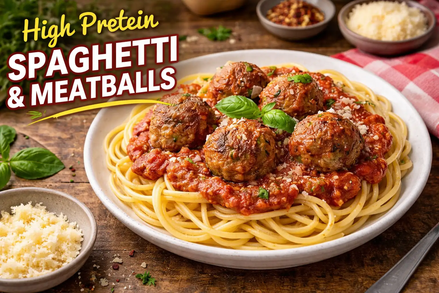 High protein spaghetti and meatballs with marinara sauce