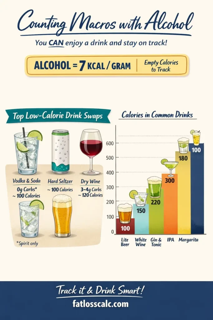 Infographic explaining counting macros with alcohol, showing alcohol provides 7 calories per gram, low-calorie drink swaps like vodka soda, hard seltzer, dry wine, and a bar chart comparing calories in beer, wine, gin and tonic, IPA, and margarita.