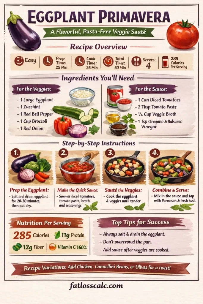 Eggplant Primavera made the right way—salted eggplant, vibrant vegetables, and a quick homemade tomato sauce for perfect texture and flavor.