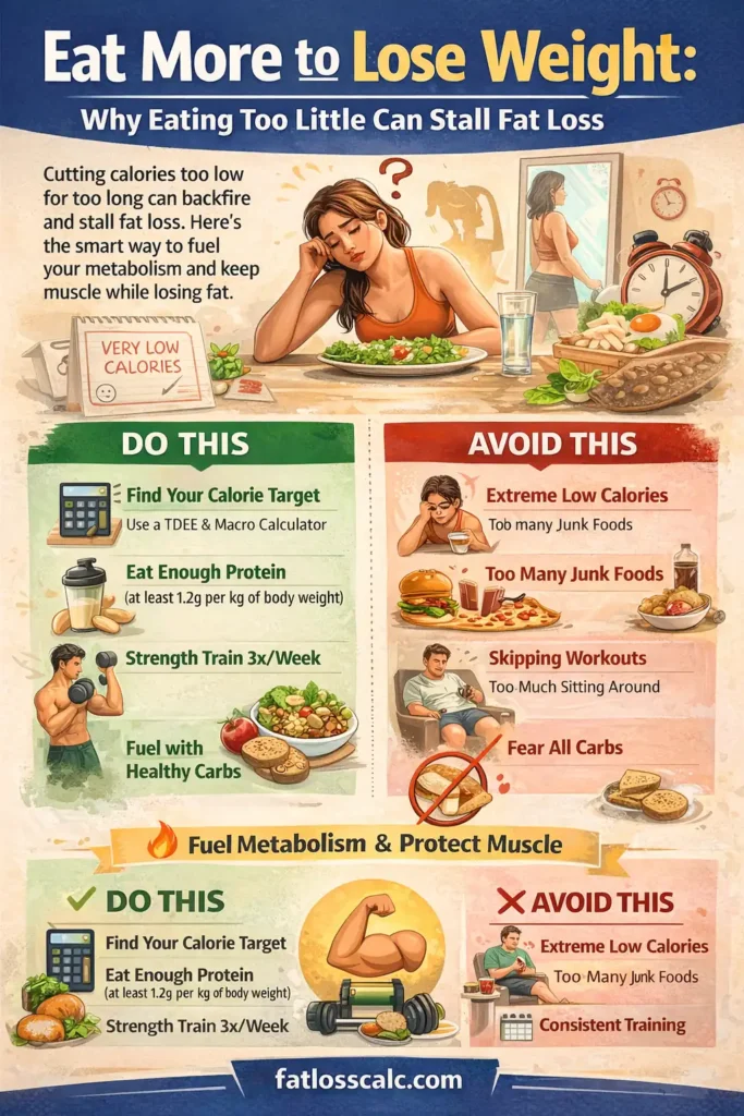 Eat More to Lose Weight infographic showing why eating too little can stall fat loss, slow recovery, increase hunger, and lead to muscle loss instead of sustainable fat loss.