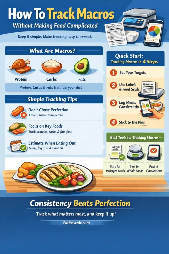 Beginner-friendly infographic showing how to track macros without making food complicated, including protein, carbs, fat basics, 4 simple macro tracking steps, and easy tools like nutrition labels, a food scale, and a tracking app.