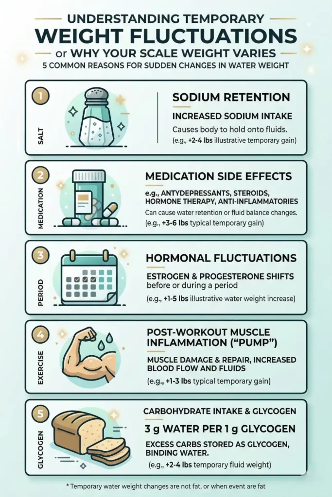 Infographic showing the five most common causes of water retention including salt intake, medications, menstruation, exercise inflammation, and glycogen storage from carbohydrates.
