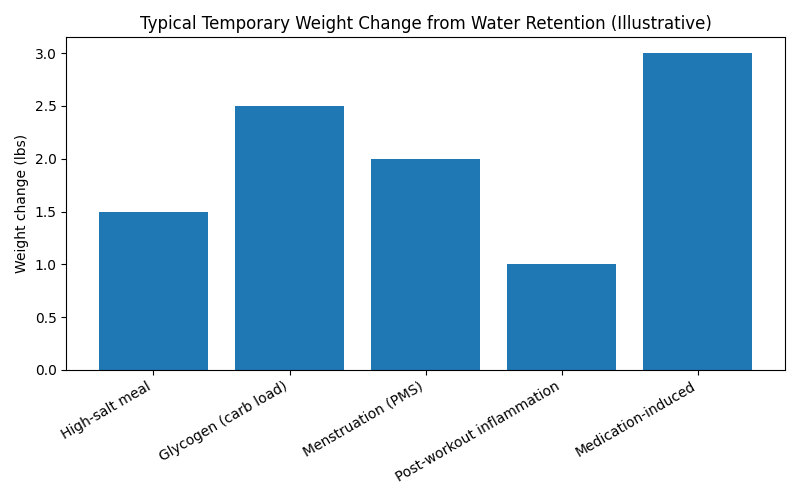Bar chart showing typical temporary weight change from water retention caused by sodium intake, carbohydrate intake, exercise inflammation, and hormonal changes.