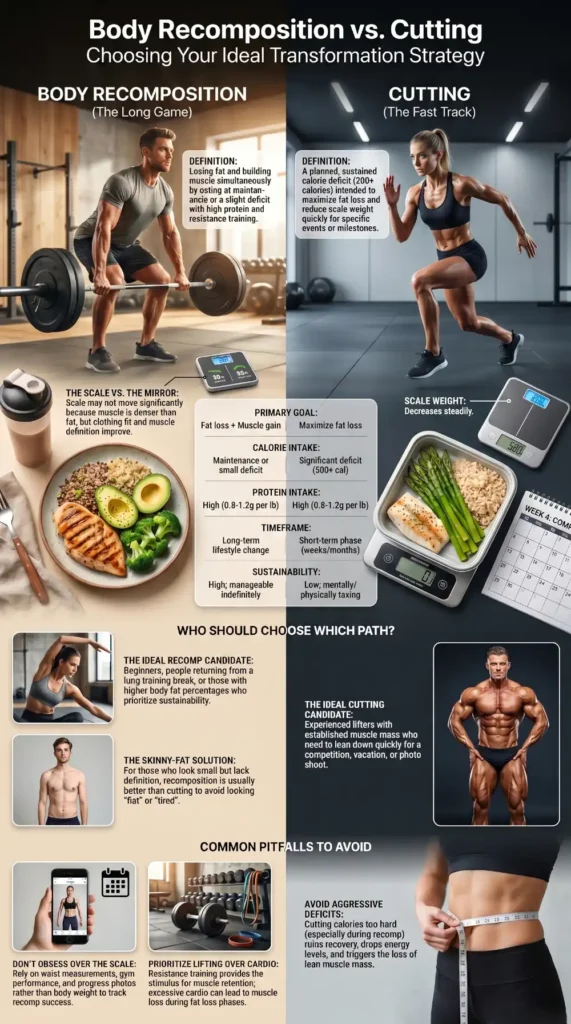 Body recomposition vs cutting comparison showing fat loss, muscle gain, calorie intake, sustainability, and ideal candidates for each approach.
