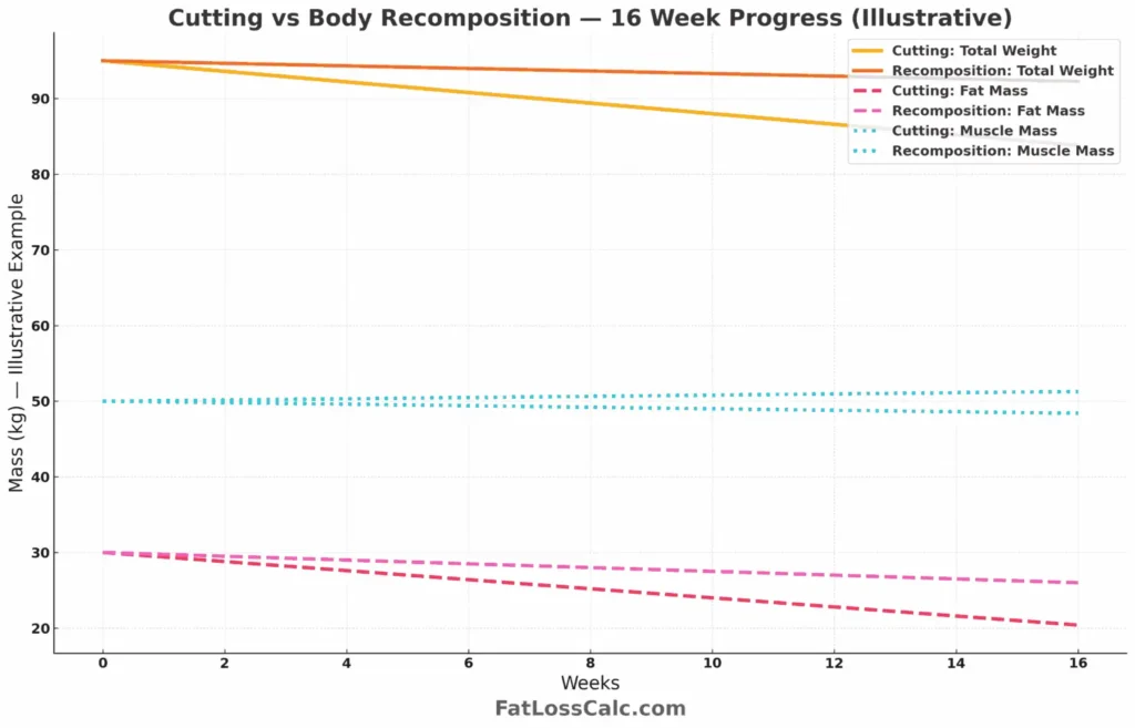 16-week comparison chart showing differences between cutting and body recomposition for fat loss, muscle mass, and total body weight.