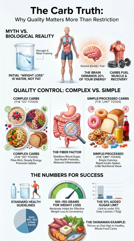 Infographic explaining why carbs are not bad for weight loss, including glycogen, water weight, complex carbohydrates, fiber, blood sugar, and healthy carbohydrate sources.