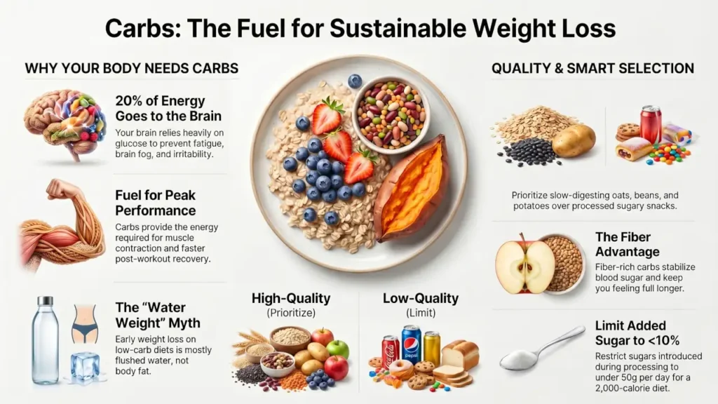 Summary infographic showing how healthy carbohydrates support brain function, exercise performance, satiety, and sustainable weight loss.