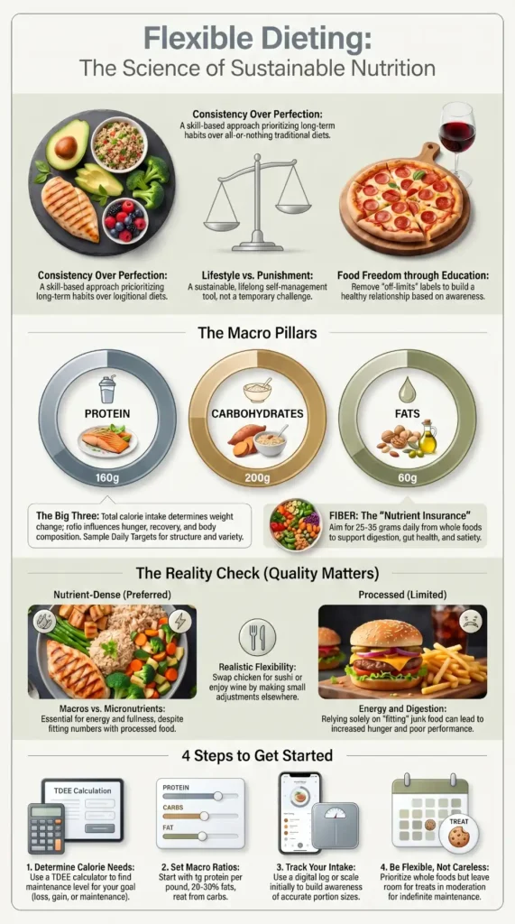 Flexible Dieting infographic explaining macro-based dieting, protein carbs fats, calorie balance, food quality, and steps to track macros sustainably
