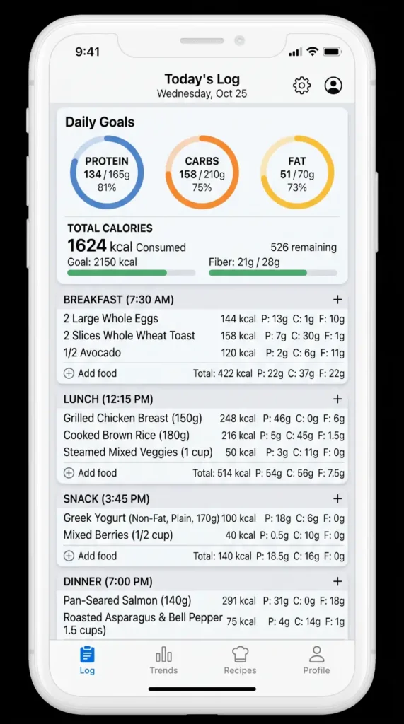 Example of a macro tracking app showing protein carbs fats calories and meal logging for flexible dieting