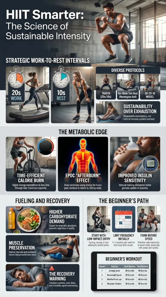 Infographic explaining interval training and HIIT workouts, including work-to-rest intervals, beginner HIIT exercises, recovery guidance, and metabolic benefits.