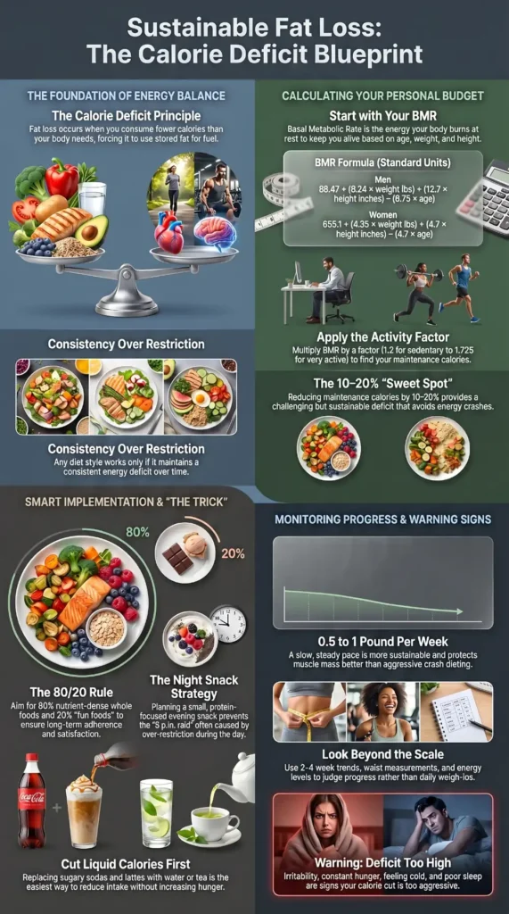 Infographic explaining sustainable fat loss through a calorie deficit, including BMR calculation, activity factors, protein intake, progress tracking, and warning signs of overly aggressive dieting.