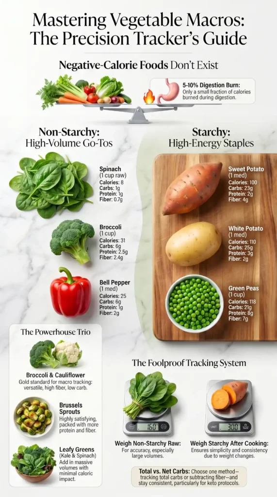 Infographic showing how to track vegetable macros, including low-carb vegetables, starchy vegetables, calorie differences, and macro tracking tips.